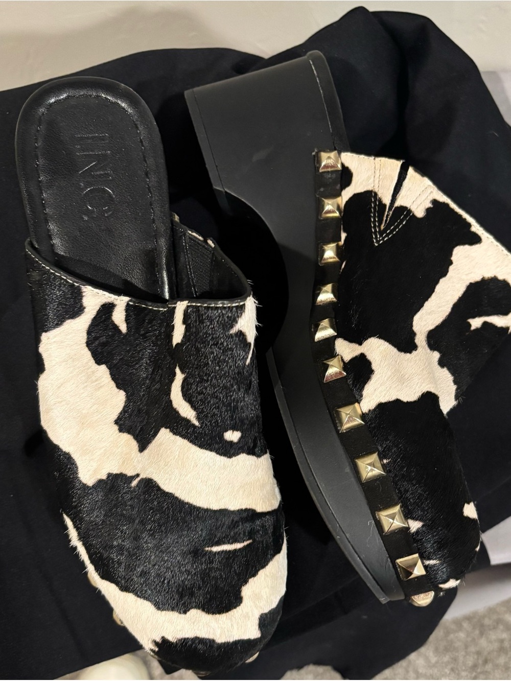 INC International Concepts Black & White Cowhide Studded Platform Mules